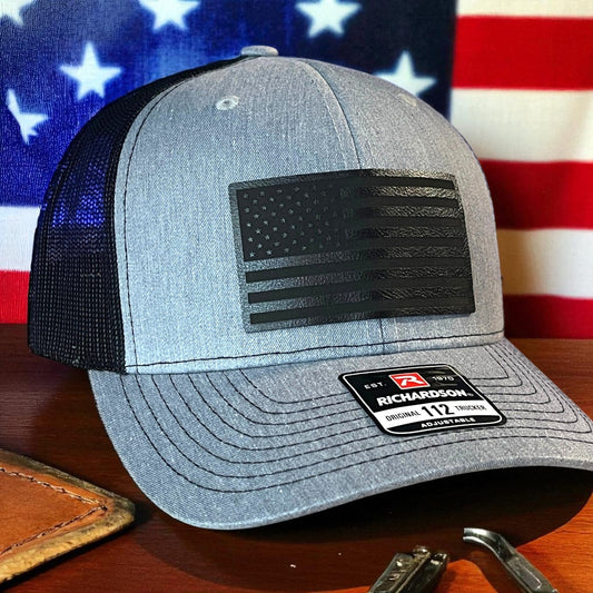 BLACKED OUT AMERICAN FLAG Patriotic Leather Patch Hat - Hollow Point Society - Patch Hat