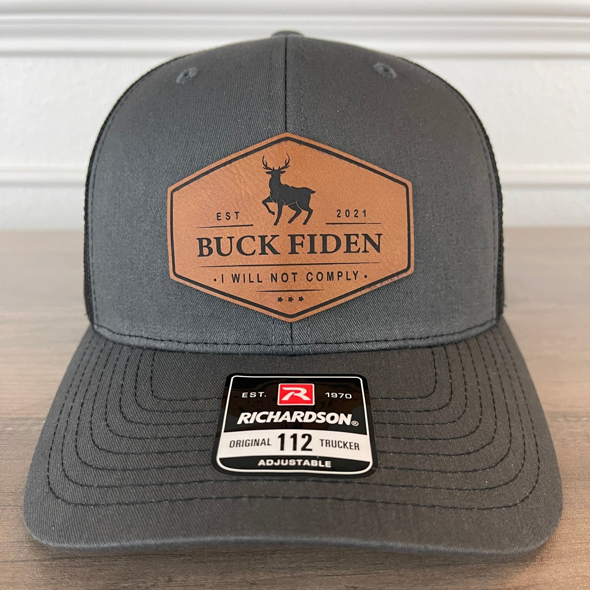 Buck Fiden Hunting Funny Leather Patch Hat Charcoal - Hollow Point Society - Patch Hat