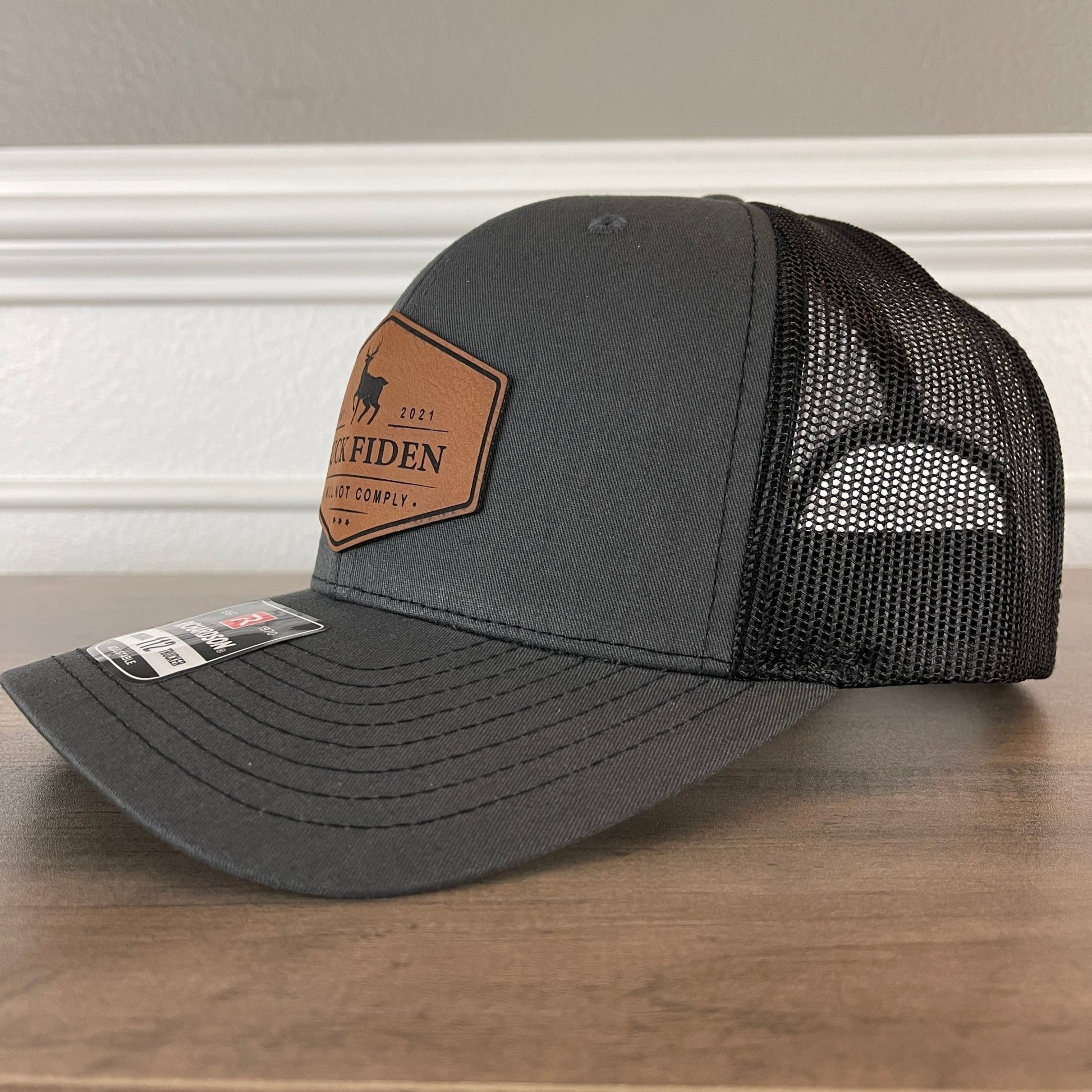 Buck Fiden Hunting Funny Leather Patch Hat Charcoal - Hollow Point Society - Patch Hat