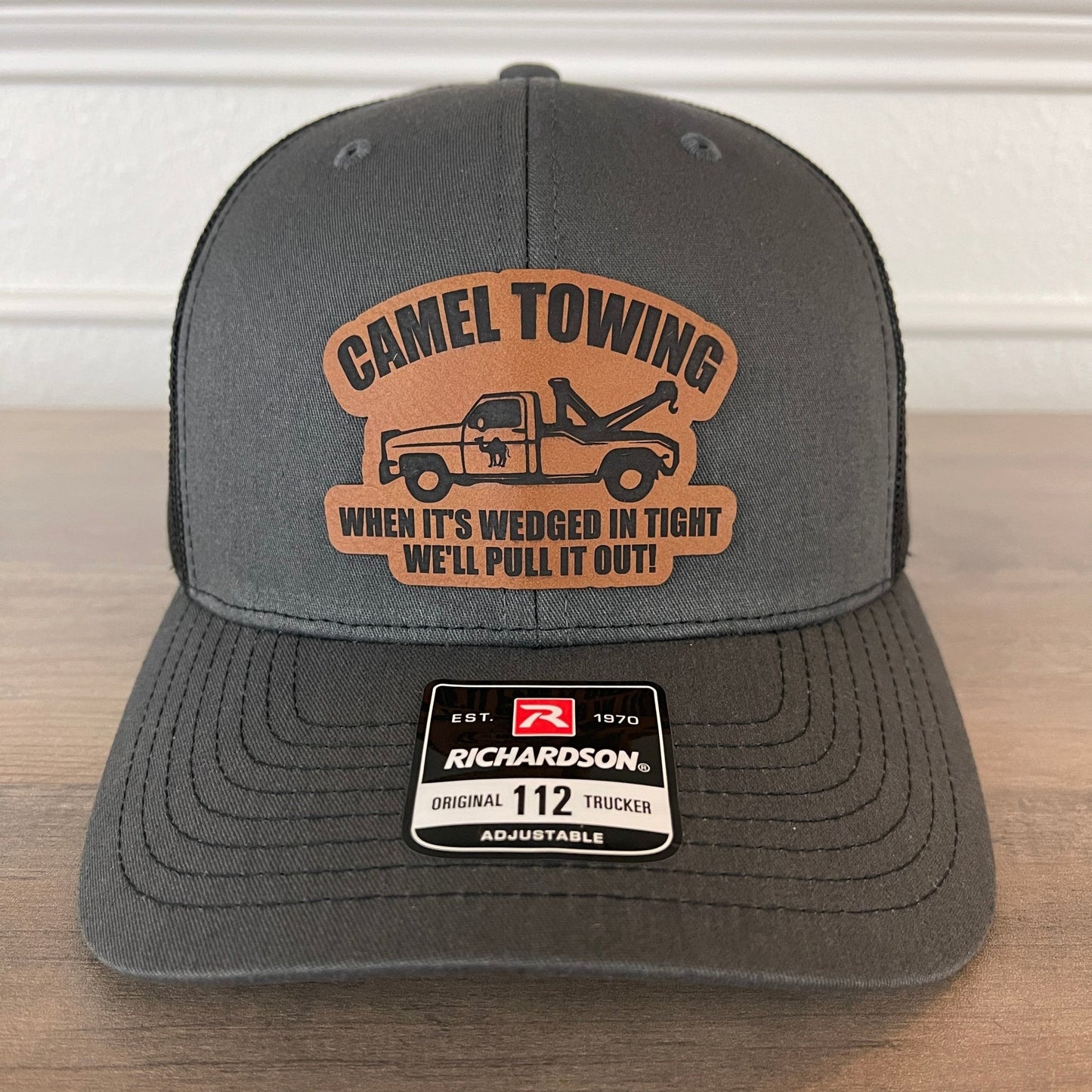 Camel Towing Funny Leather Patch Hat Charcoal - Hollow Point Society - Patch Hat