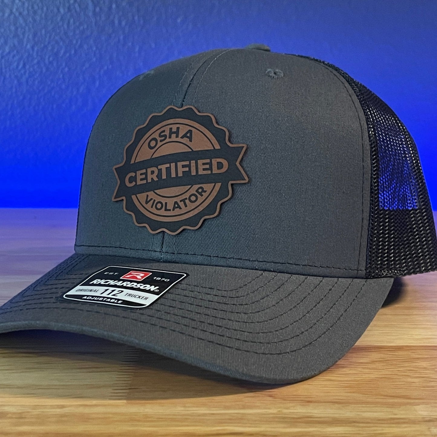 CERTIFIED OSHA VIOLATOR Funny Blue Collar Leather Patch Hat Charcoal/Black - Hollow Point Society - Patch Hat