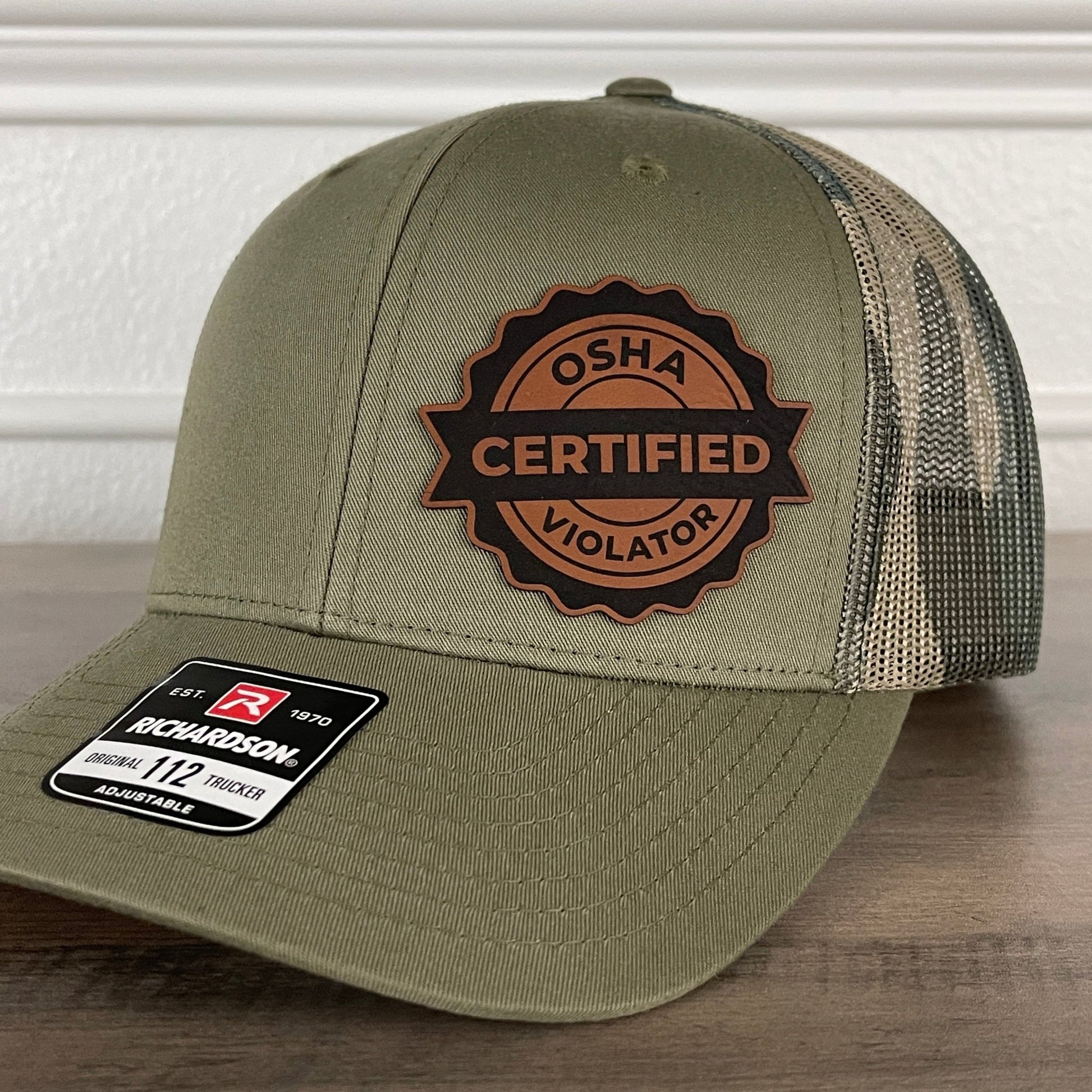 Certified OSHA Violator Funny Blue Collar Leather Patch Hat Green/Camo - Hollow Point Society - Patch Hat