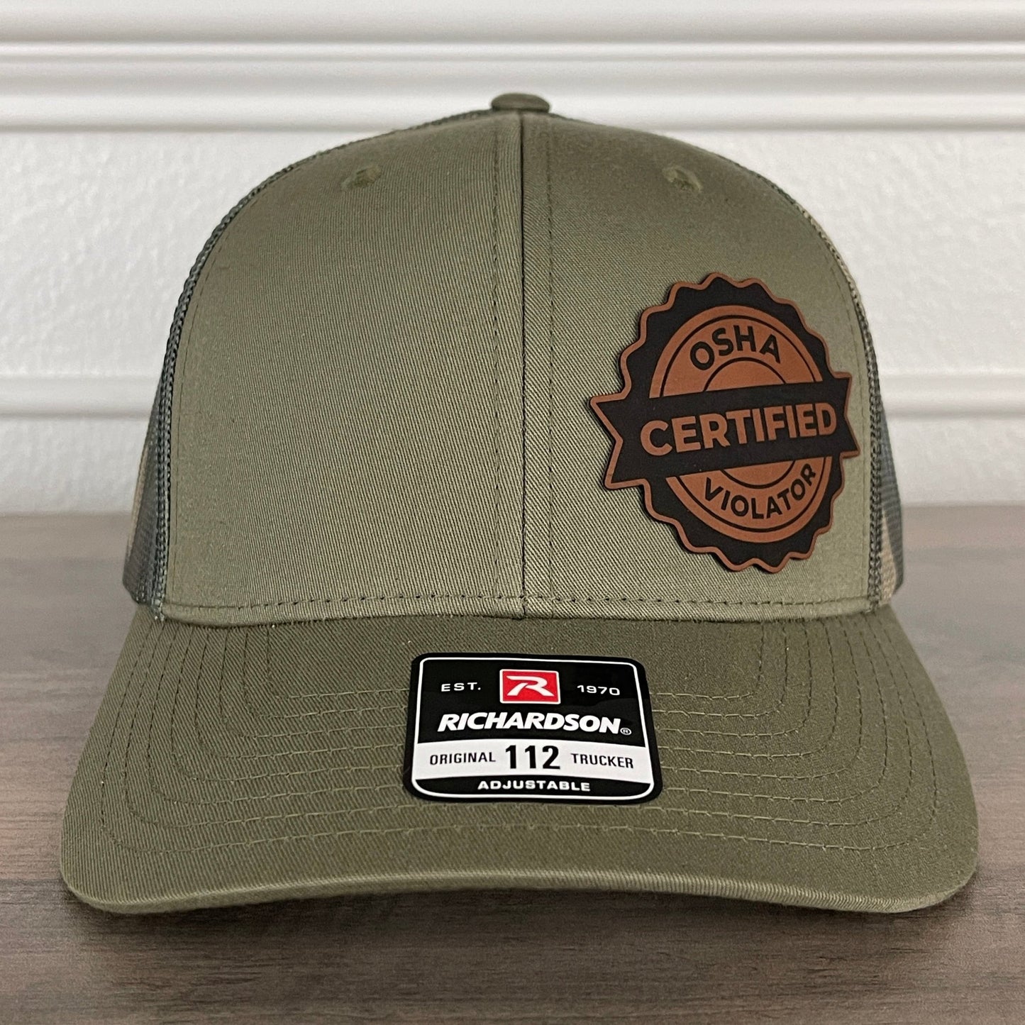 Certified OSHA Violator Funny Blue Collar Leather Patch Hat Green/Camo - Hollow Point Society - Patch Hat