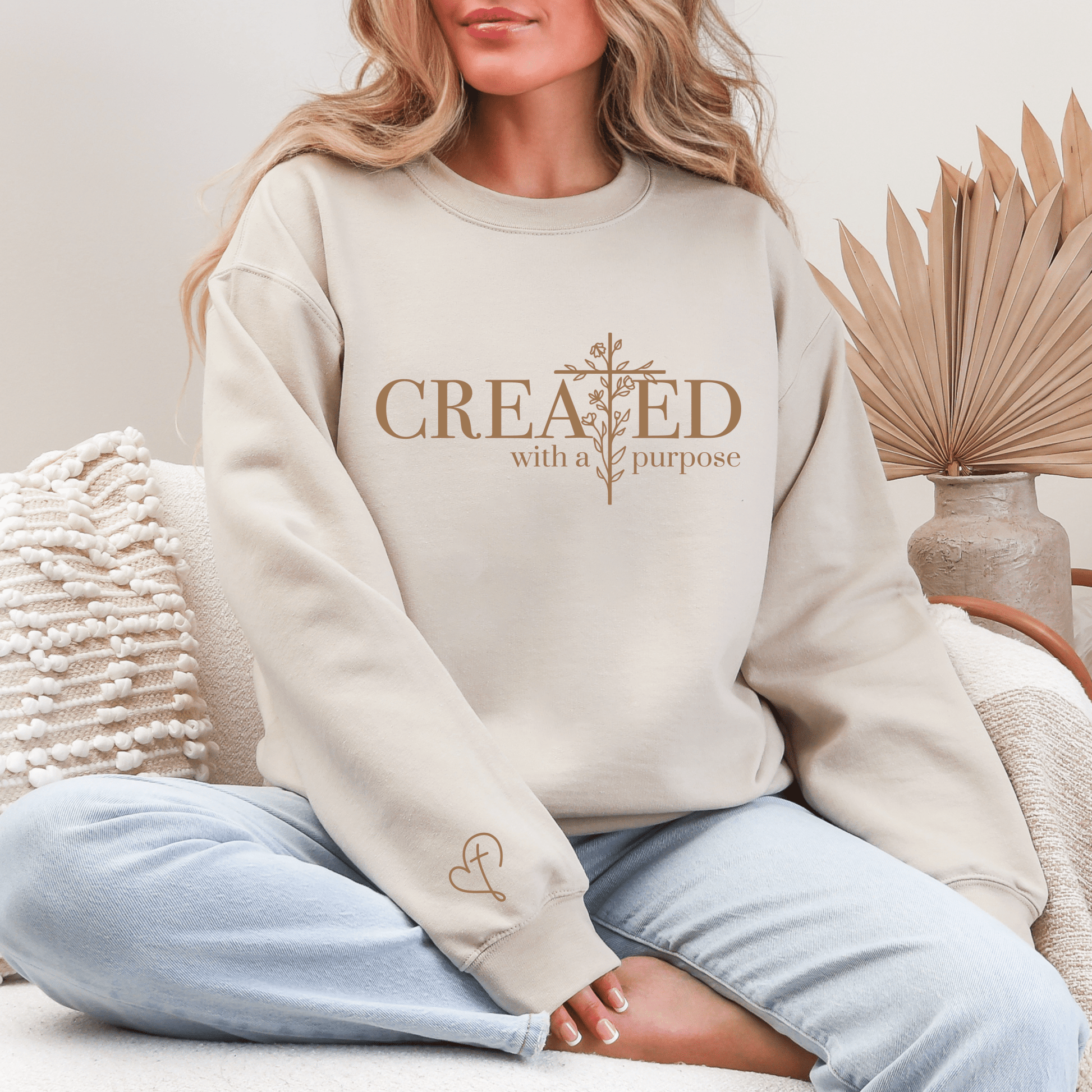 Created With a Purpose Christian Sweatshirt, Floral Cross Faith Sweater - Hollow Point Society - Sweater