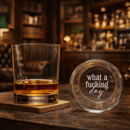 Custom Engraved Whiskey Glass – 'What a F*cking Day' Funny Whiskey Rocks Glass for Men, Groomsmen, or Boss Gift - Hollow Point Society - 