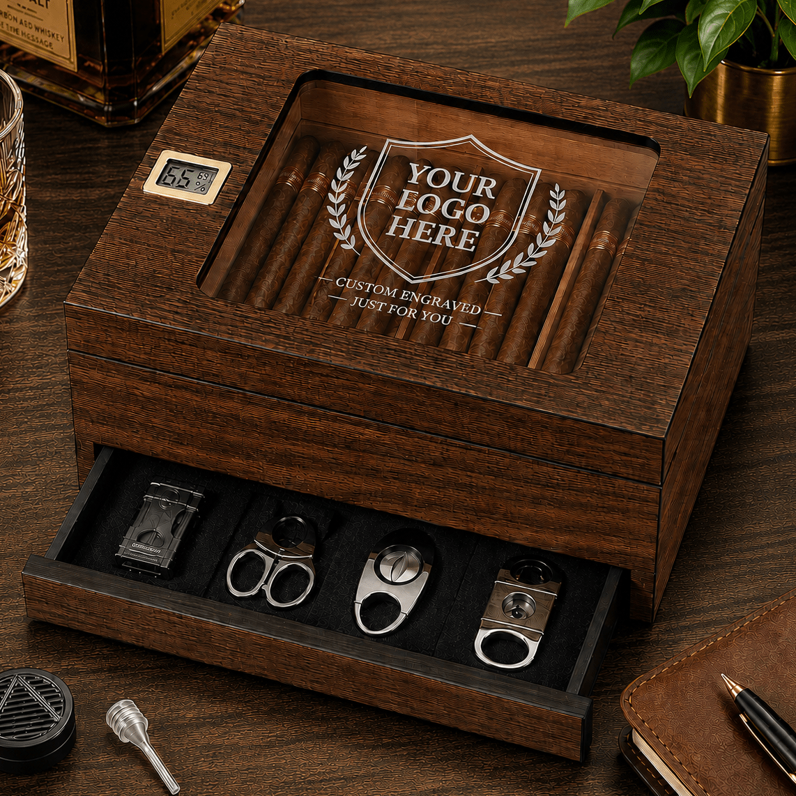 Custom Logo Cigar Humidor with Digital Hygrometer - Hollow Point Society - Cigar Humidor