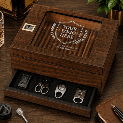 Custom Logo Cigar Humidor with Digital Hygrometer - Hollow Point Society - Cigar Humidor