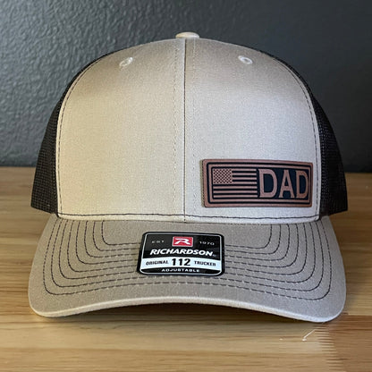 DAD American Flag Patriotic Side Leather Patch Hat Khaki/Brown - Hollow Point Society - Patch Hat