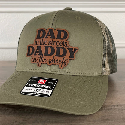 Dad In The Streets Daddy In The Sheets Camo Funny Front Leather Patch Hat Green/Camo - Hollow Point Society - Patch Hat