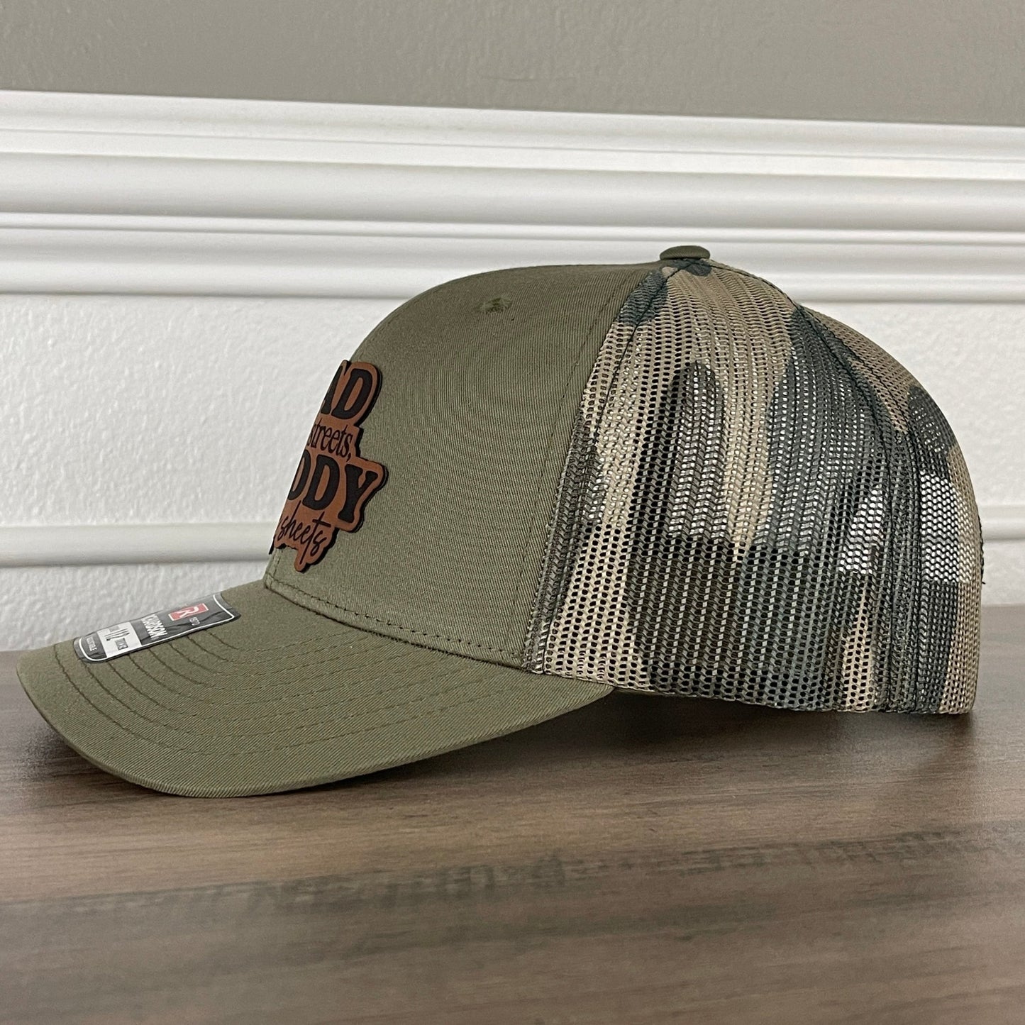 Dad In The Streets Daddy In The Sheets Camo Funny Front Leather Patch Hat Green/Camo - Hollow Point Society - Patch Hat