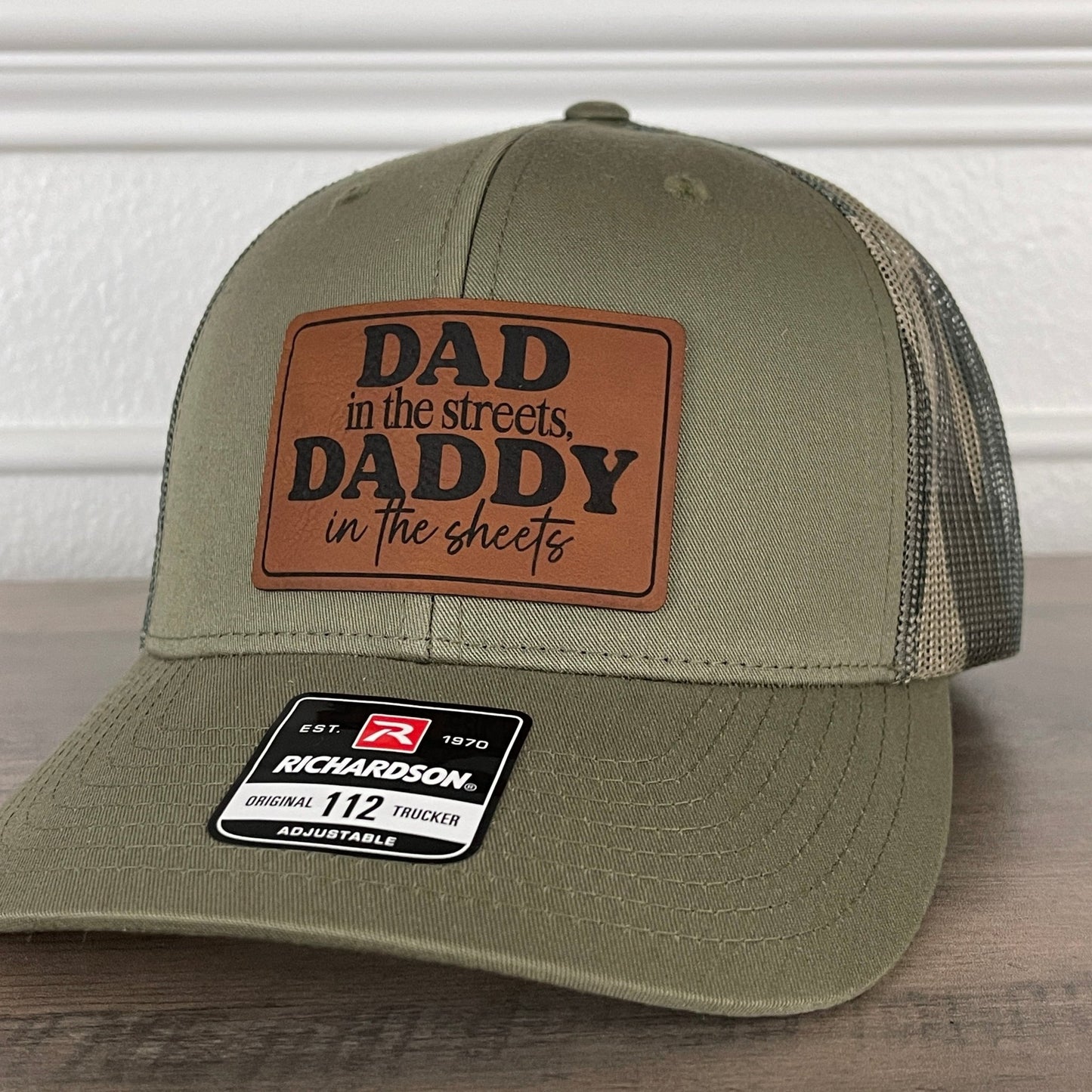 Dad In The Streets Daddy In The Sheets Camo Funny Rectangular Leather Patch Hat Green/Camo - Hollow Point Society - Patch Hat