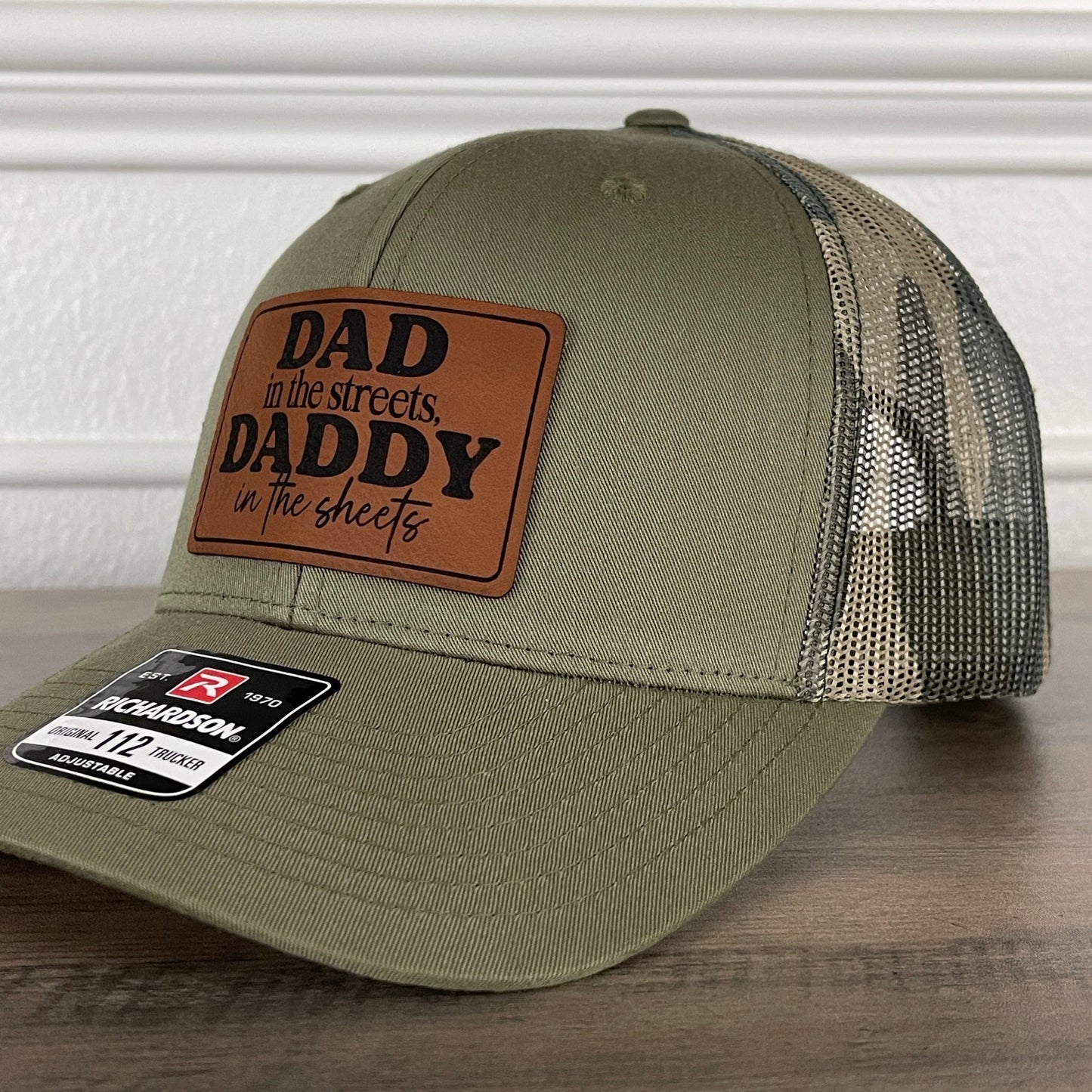 Dad In The Streets Daddy In The Sheets Camo Funny Rectangular Leather Patch Hat Green/Camo - Hollow Point Society - Patch Hat