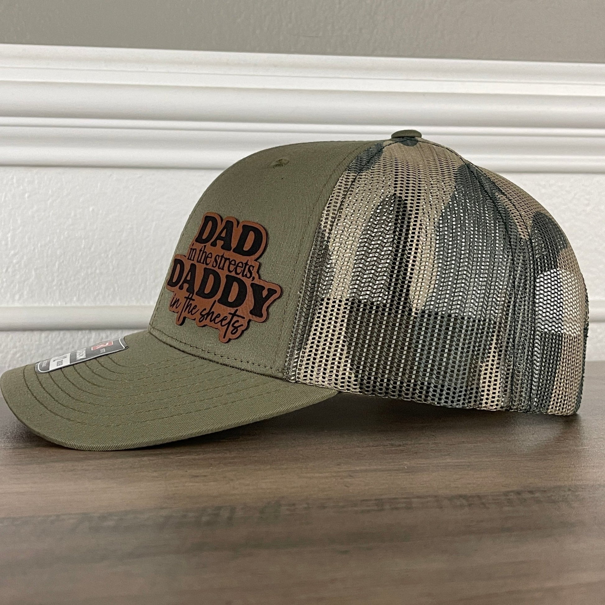 Dad In The Streets Daddy In The Sheets Camo Funny Side Leather Patch Hat Green/Camo - Hollow Point Society - Patch Hat