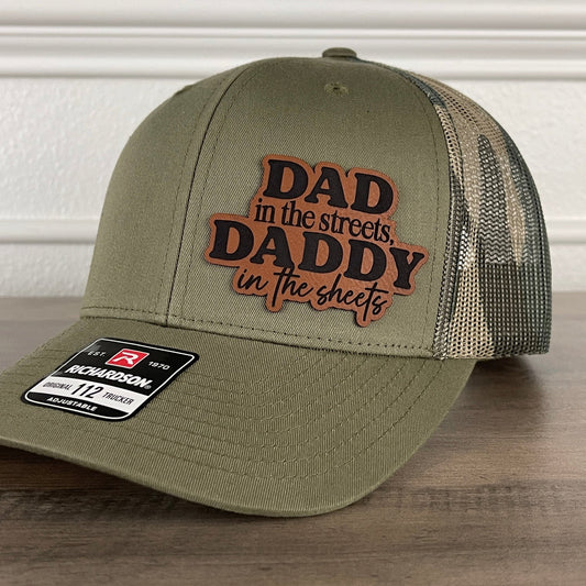 Dad In The Streets Daddy In The Sheets Camo Funny Side Leather Patch Hat Green/Camo - Hollow Point Society - Patch Hat