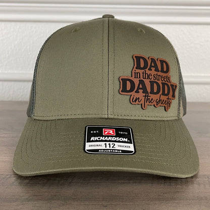 Dad In The Streets Daddy In The Sheets Camo Funny Side Leather Patch Hat Green/Camo - Hollow Point Society - Patch Hat