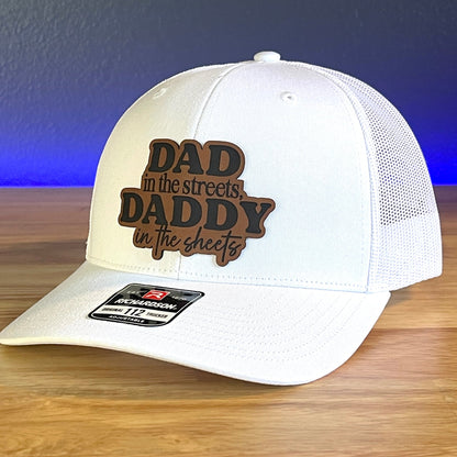 DAD IN THE STREETS DADDY IN THE SHEETS Front Leather Patch Trucker Hat White - Hollow Point Society - Patch Hat