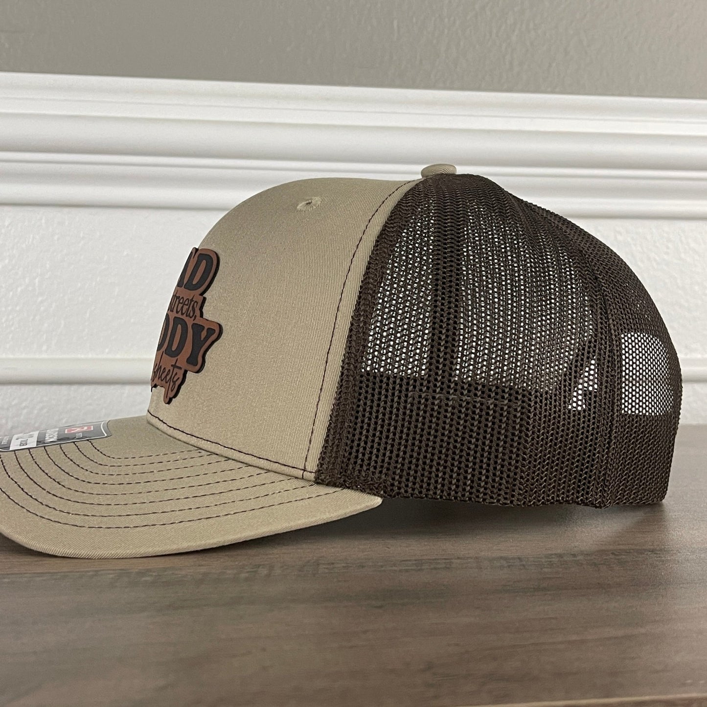 Dad In The Streets Daddy In The Sheets Funny Front Leather Patch Hat Khaki/Brown - Hollow Point Society - Patch Hat