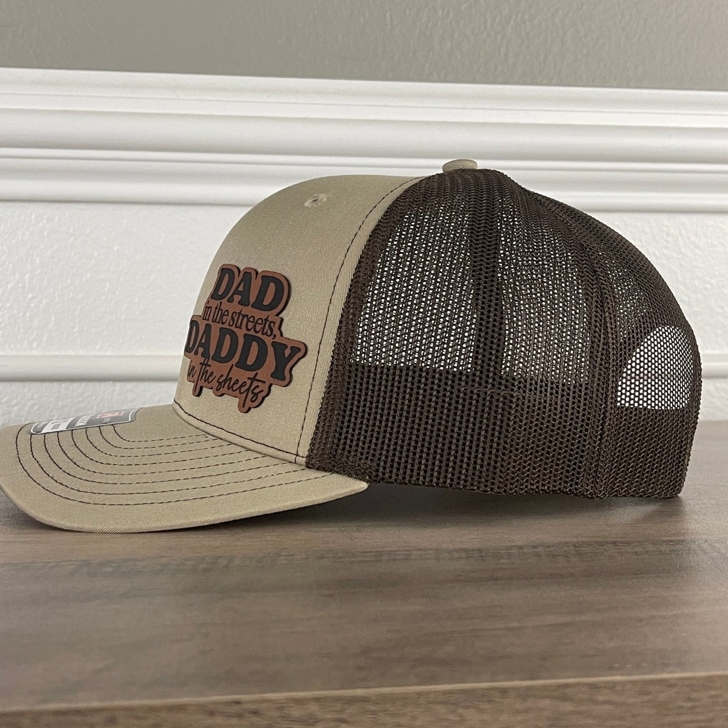 Dad In The Streets Daddy In The Sheets Funny Side Leather Patch Hat Khaki/Brown - Hollow Point Society - Patch Hat