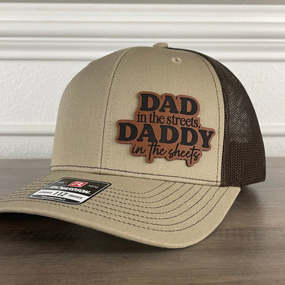 Dad In The Streets Daddy In The Sheets Funny Side Leather Patch Hat Khaki/Brown - Hollow Point Society - Patch Hat