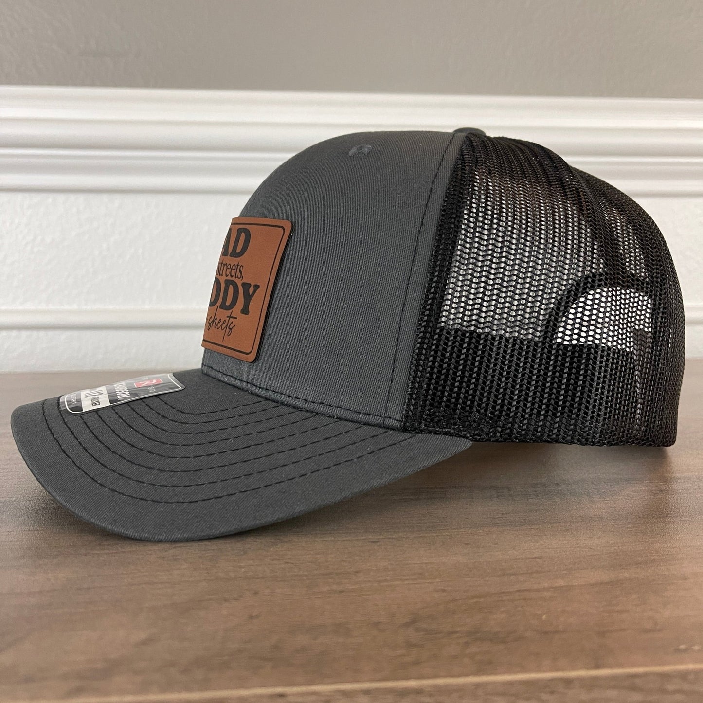 Dad in the Streets, Daddy in the Sheets Rectangular Leather Patch Hat Charcoal/Black - Hollow Point Society - Patch Hat