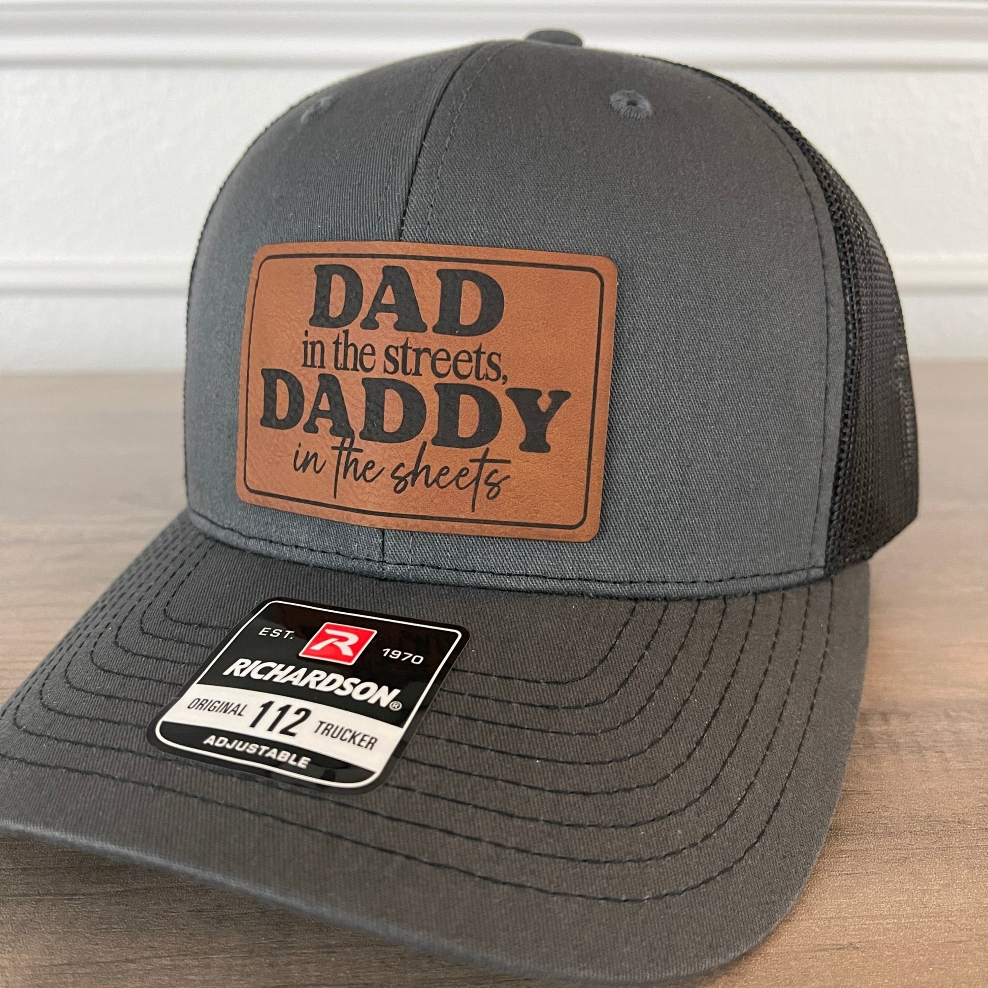 Dad in the Streets, Daddy in the Sheets Rectangular Leather Patch Hat Charcoal/Black - Hollow Point Society - Patch Hat