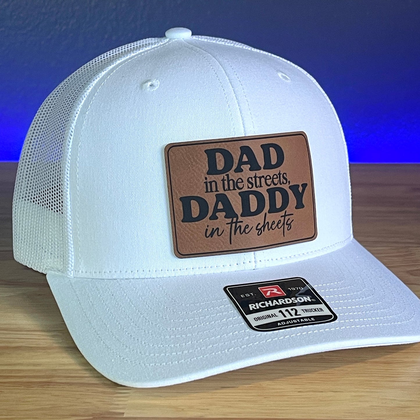 DAD IN THE STREETS DADDY IN THE SHEETS Rectangular Leather Patch Trucker Hat White - Hollow Point Society - Patch Hat