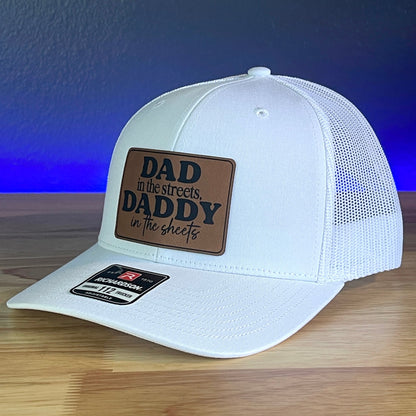 DAD IN THE STREETS DADDY IN THE SHEETS Rectangular Leather Patch Trucker Hat White - Hollow Point Society - Patch Hat