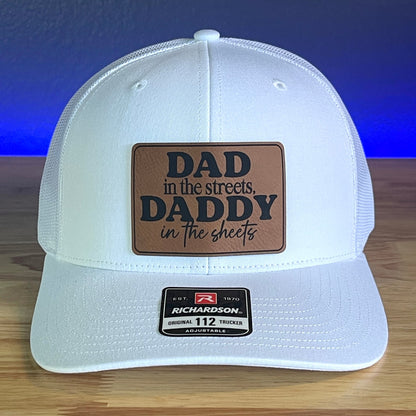 DAD IN THE STREETS DADDY IN THE SHEETS Rectangular Leather Patch Trucker Hat White - Hollow Point Society - Patch Hat