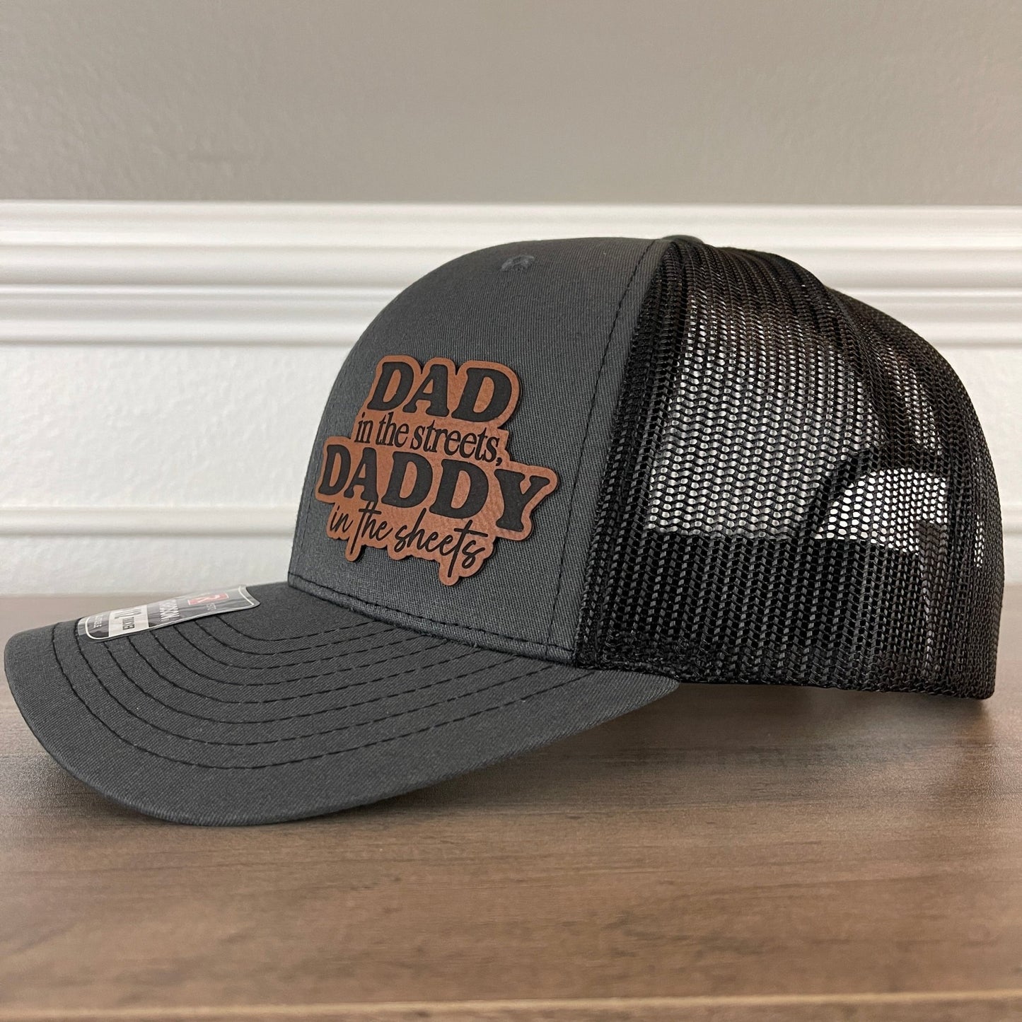 Dad in the Streets, Daddy in the Sheets Side Leather Patch Hat Charcoal/Black - Hollow Point Society - Patch Hat