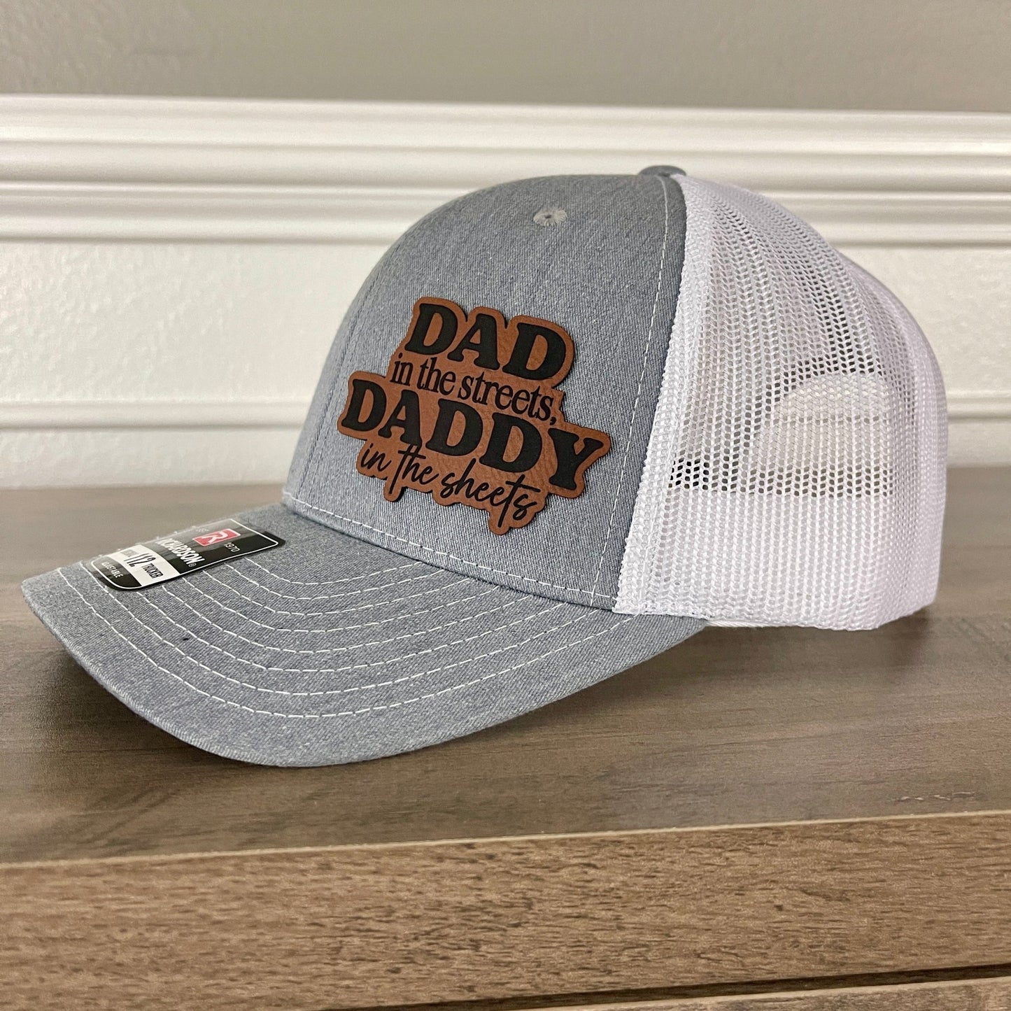 Dad in the Streets, Daddy in the Sheets Side Leather Patch Hat Grey/White - Hollow Point Society - Patch Hat