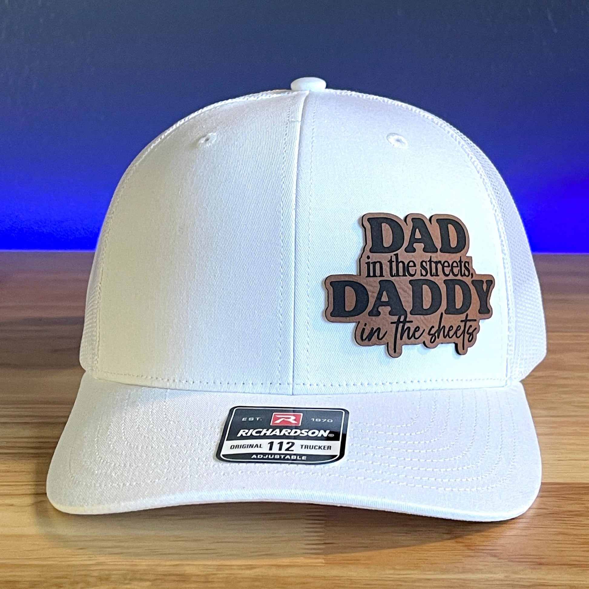 DAD IN THE STREETS DADDY IN THE SHEETS Side Leather Patch Trucker Hat White - Hollow Point Society - Patch Hat