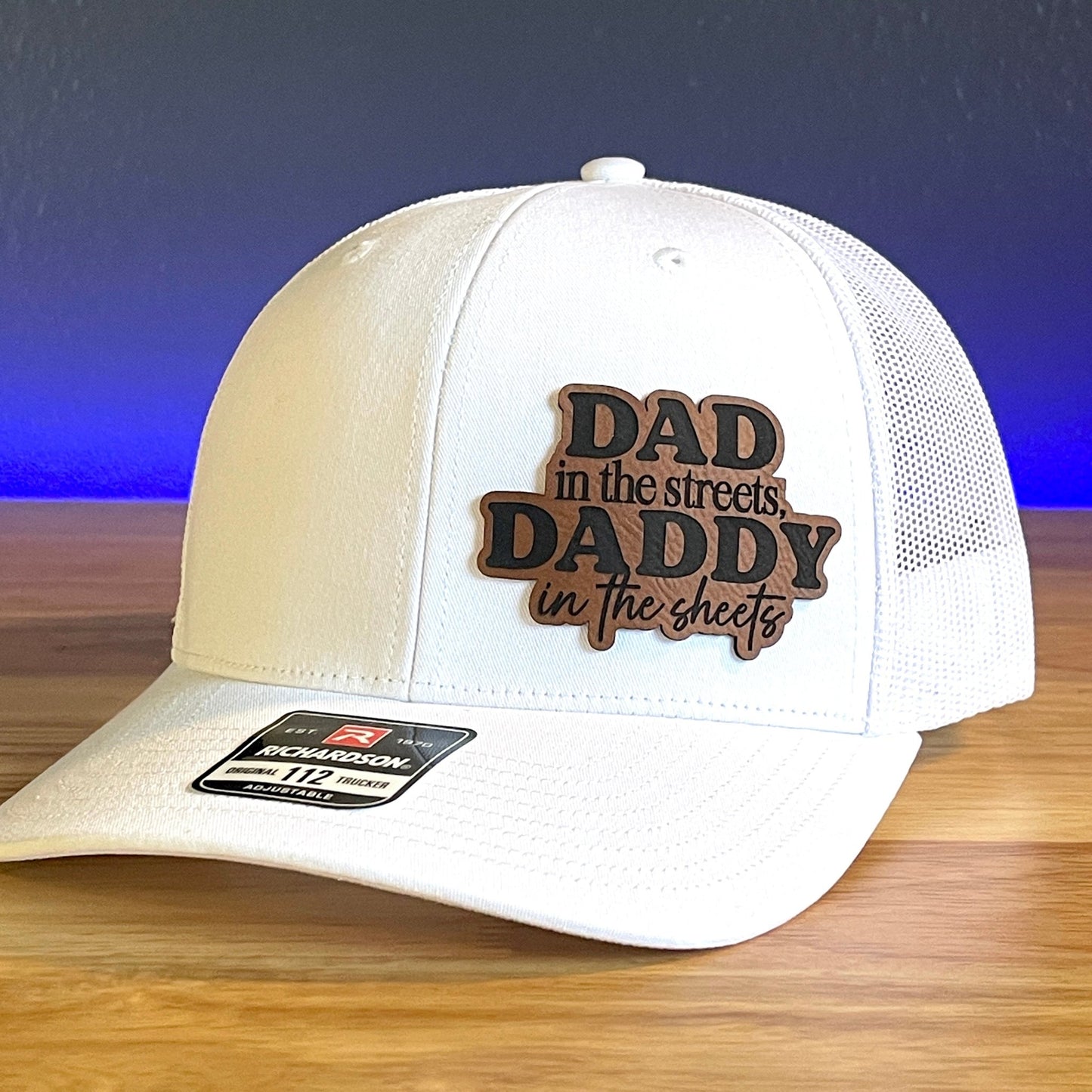 DAD IN THE STREETS DADDY IN THE SHEETS Side Leather Patch Trucker Hat White - Hollow Point Society - Patch Hat