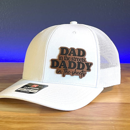 DAD IN THE STREETS DADDY IN THE SHEETS Side Leather Patch Trucker Hat White - Hollow Point Society - Patch Hat