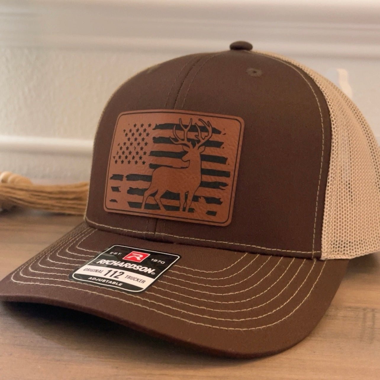 Deer Hunting American Flag Leather Patch Hat Brown - Hollow Point Society - Patch Hat