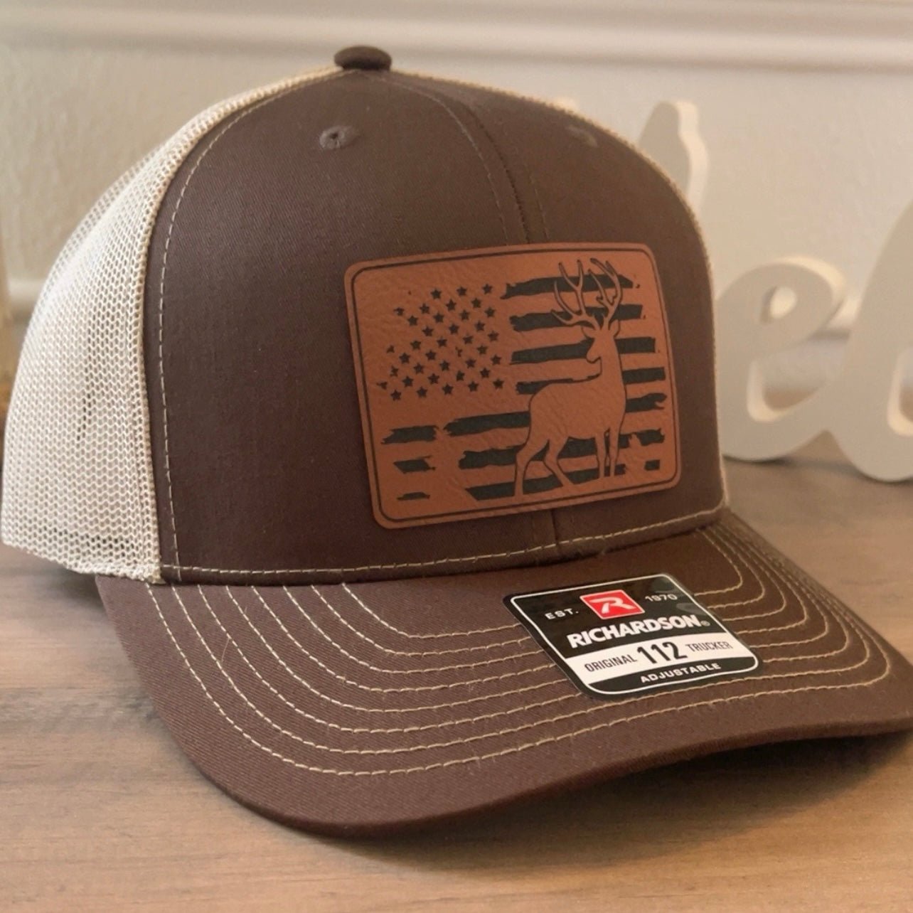 Deer Hunting American Flag Leather Patch Hat Brown - Hollow Point Society - Patch Hat