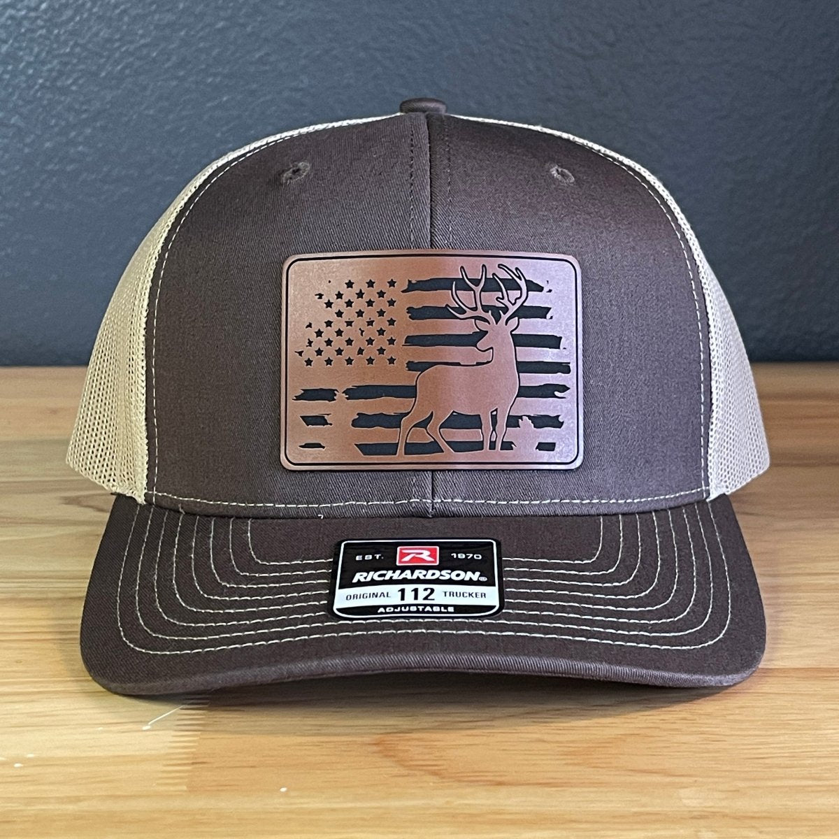 Deer Hunting American Flag Leather Patch Hat Brown - Hollow Point Society - Patch Hat