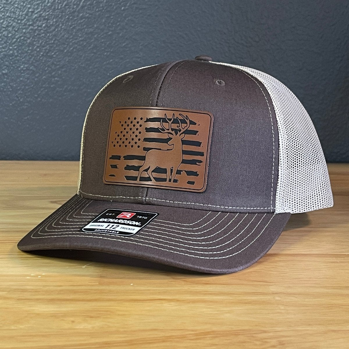 Deer Hunting American Flag Leather Patch Hat Brown - Hollow Point Society - Patch Hat