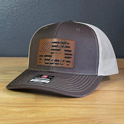 Deer Hunting American Flag Leather Patch Hat Brown - Hollow Point Society - Patch Hat