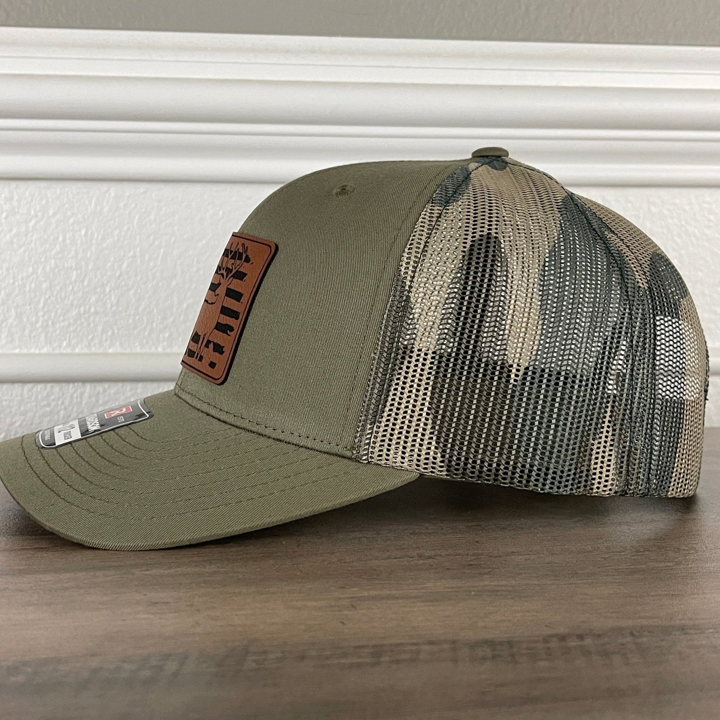 Deer Hunting American Flag Patriotic Leather Patch Hat Green/Camo - Hollow Point Society - Patch Hat