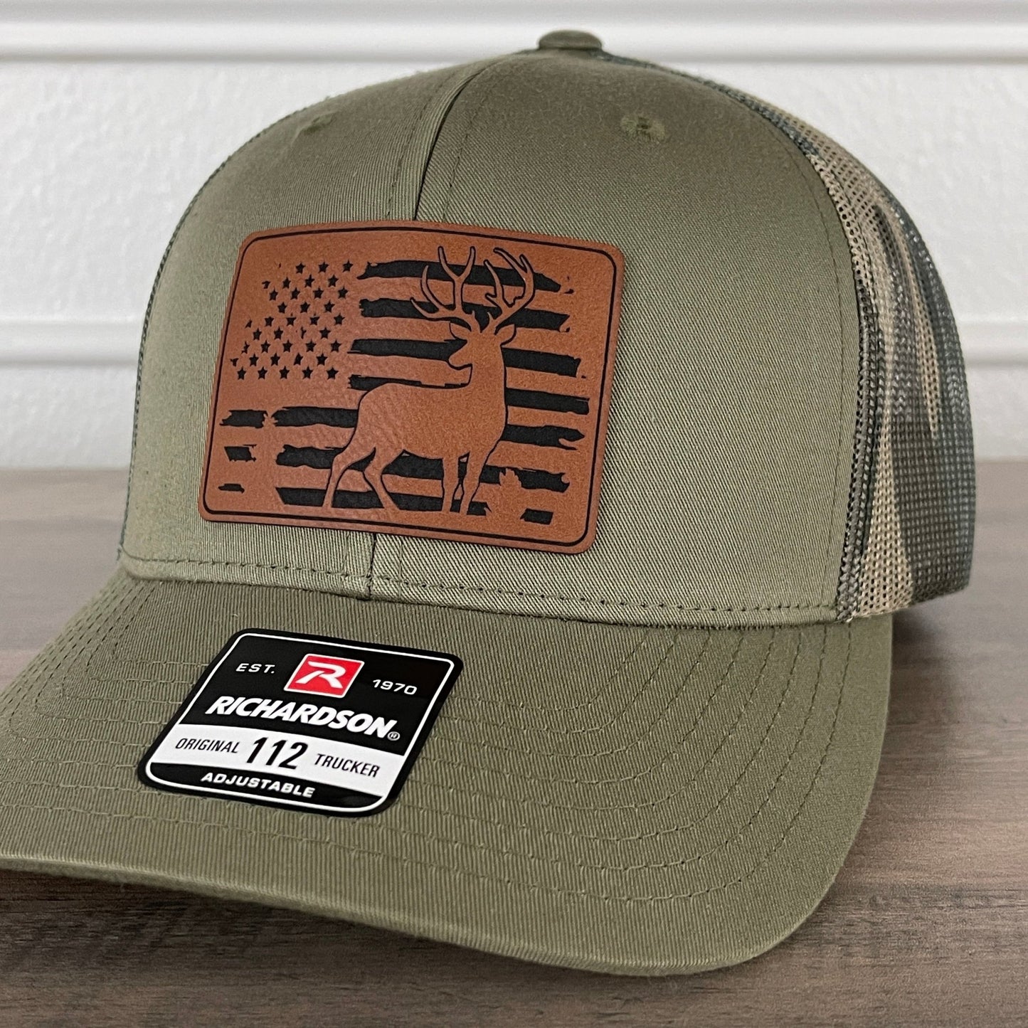 Deer Hunting American Flag Patriotic Leather Patch Hat Green/Camo - Hollow Point Society - Patch Hat