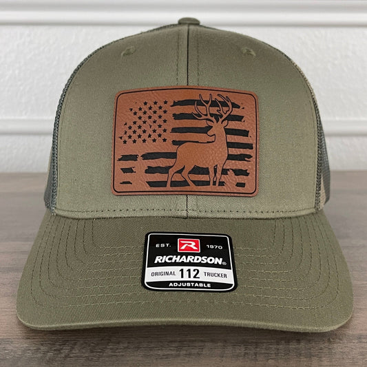 Deer Hunting American Flag Patriotic Leather Patch Hat Green/Camo - Hollow Point Society - Patch Hat