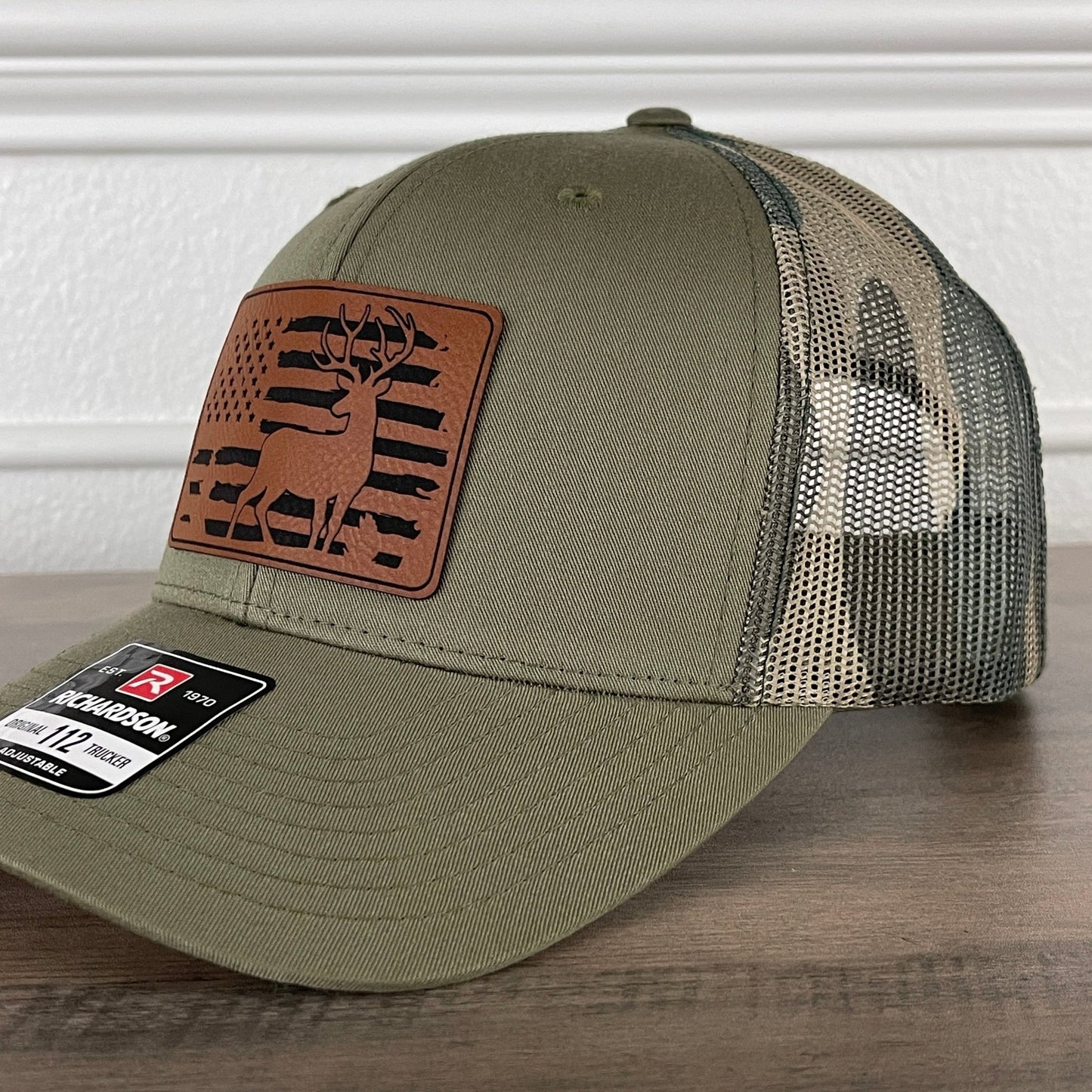 Deer Hunting American Flag Patriotic Leather Patch Hat Green/Camo - Hollow Point Society - Patch Hat