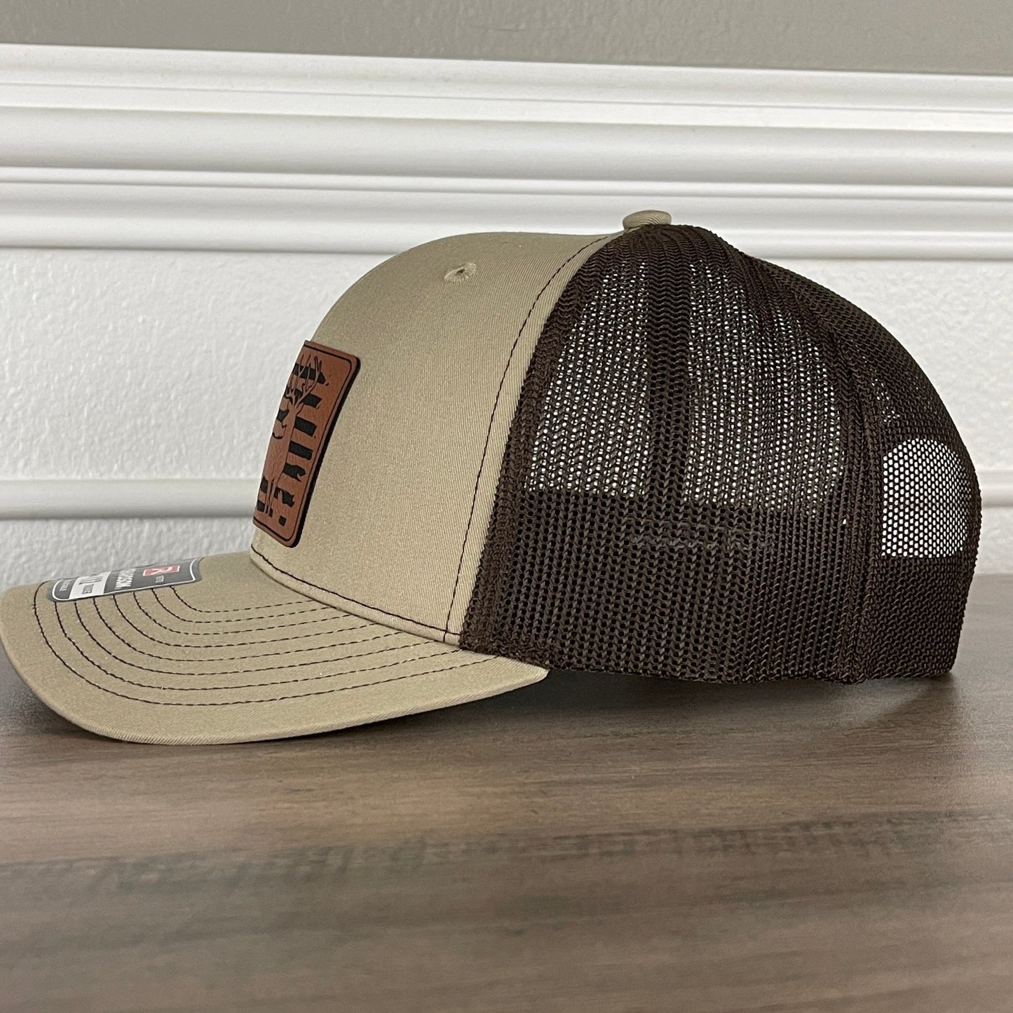 Deer Hunting American Flag Patriotic Leather Patch Hat Khaki/Brown - Hollow Point Society - Patch Hat