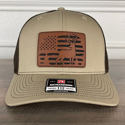 Deer Hunting American Flag Patriotic Leather Patch Hat Khaki/Brown - Hollow Point Society - Patch Hat