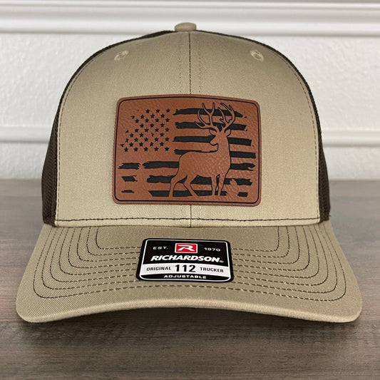 Deer Hunting American Flag Patriotic Leather Patch Hat Khaki/Brown - Hollow Point Society - Patch Hat