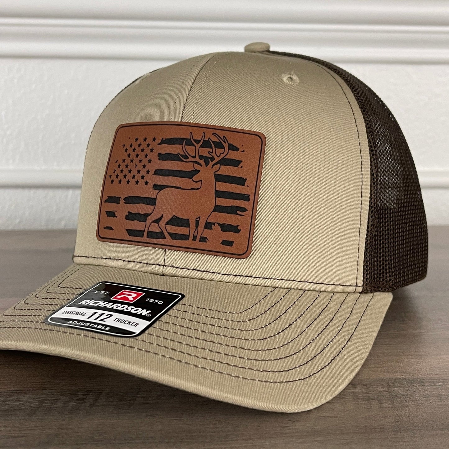 Deer Hunting American Flag Patriotic Leather Patch Hat Khaki/Brown - Hollow Point Society - Patch Hat