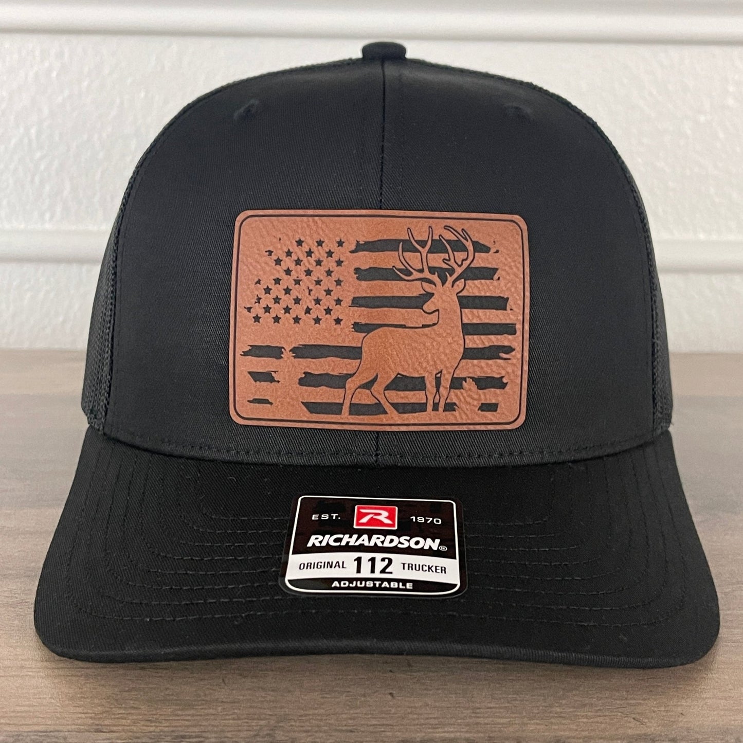 Deer Hunting Flag Leather Patch Hat Black - Hollow Point Society - Patch Hat