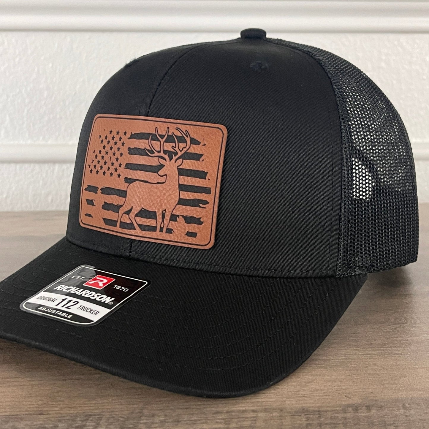 Deer Hunting Flag Leather Patch Hat Black - Hollow Point Society - Patch Hat