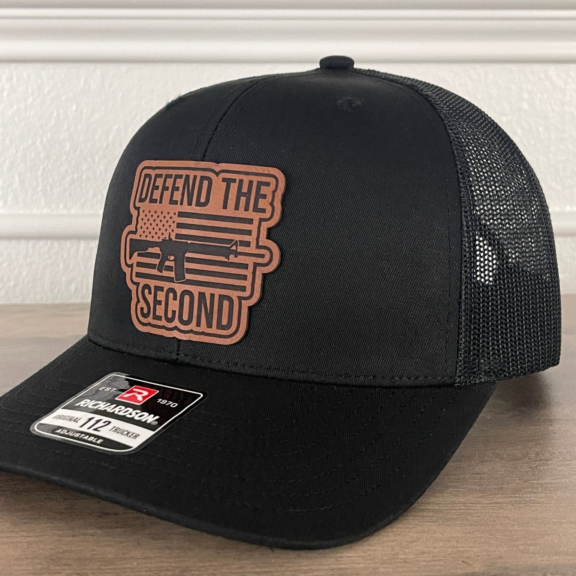 DEFEND THE 2ND Flag 2A 2nd Amendment Leather Patch Hat Black - Hollow Point Society - Patch Hat