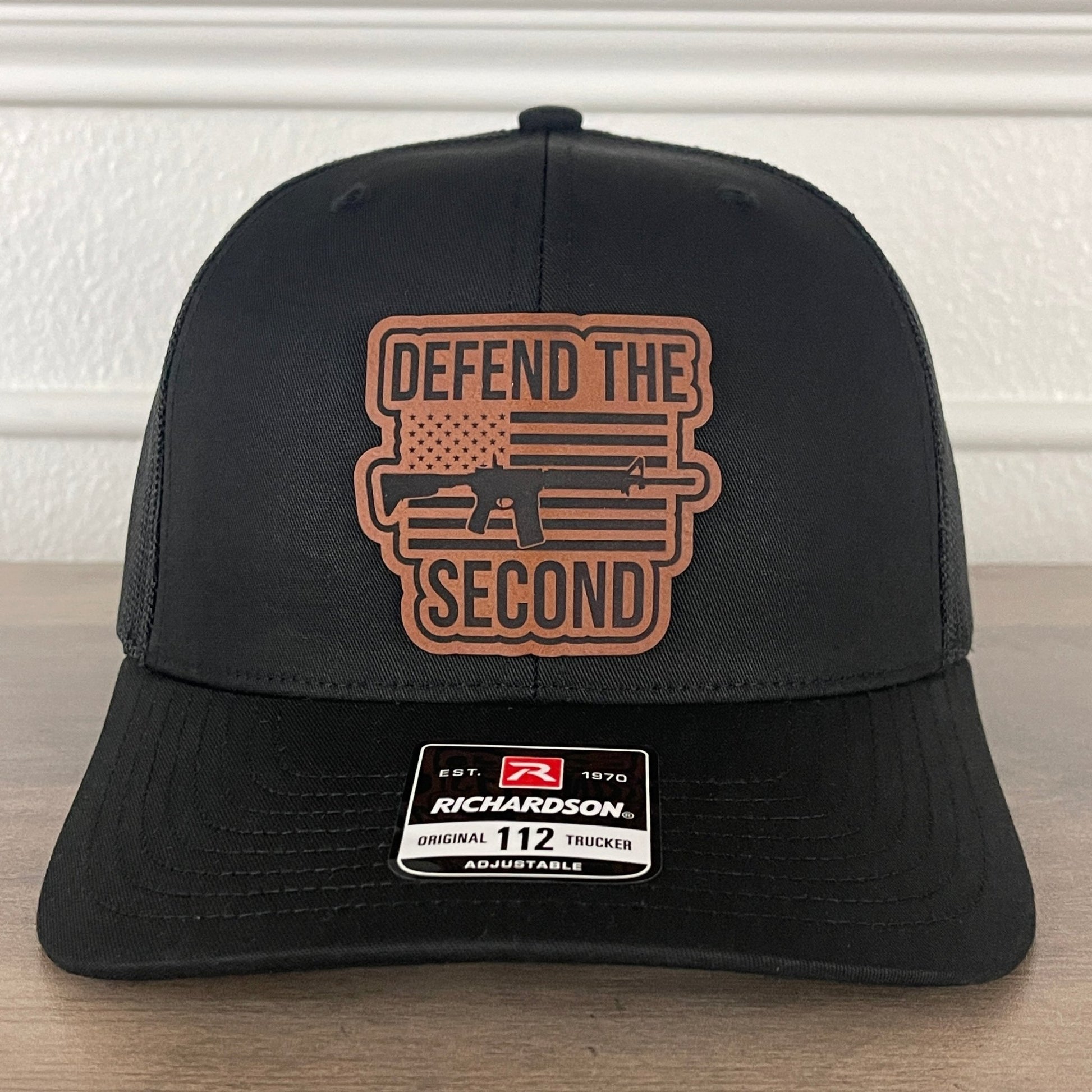 DEFEND THE 2ND Flag 2A 2nd Amendment Leather Patch Hat Black - Hollow Point Society - Patch Hat